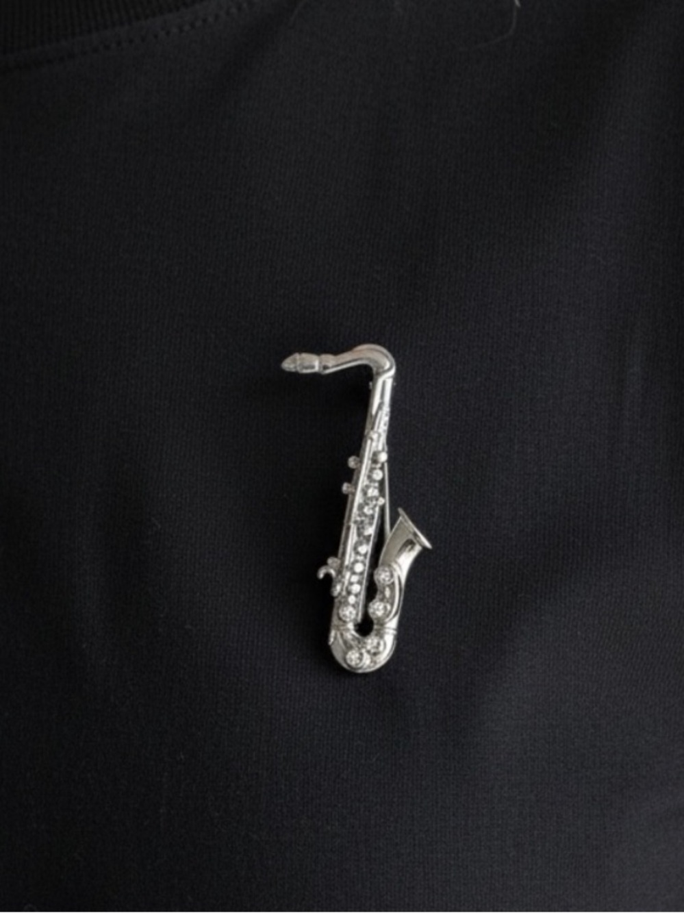 Silver Saxophone Rhinestone Brooch